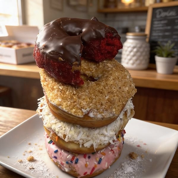 A stack of four Jupiter Donuts, including chocolate, coconut, and sprinkle varieties, on a white plate.