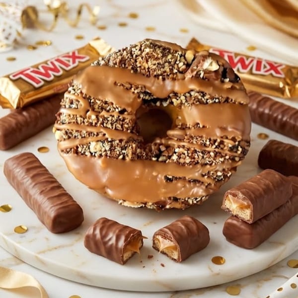 Jupiter Donuts' Twix-inspired donut, drizzled with caramel and nuts, surrounded by Twix candy bars.