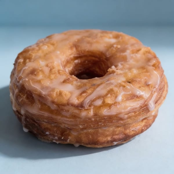 A glazed Jupiter Donuts cronut with flaky layers sits on a light blue surface.