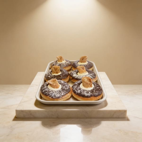 Six Jupiter Donuts with chocolate icing, white cream, and waffle cone pieces on a white tray.