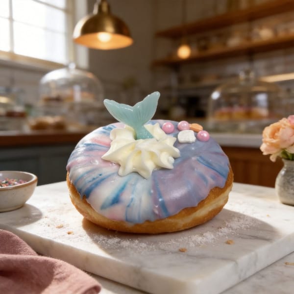 Jupiter Donuts' mermaid donut with blue and purple icing, white cream, and a mermaid tail decoration.