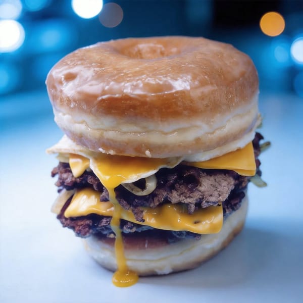 A Jupiter Donuts glazed donut burger with two patties, melted cheese, and fried egg.