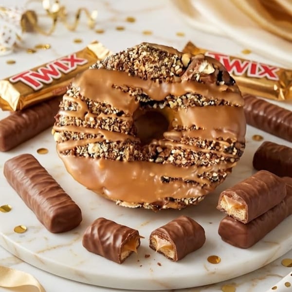 Jupiter Donuts' Twix-inspired donut, drizzled with caramel and nuts, surrounded by Twix candy bars.