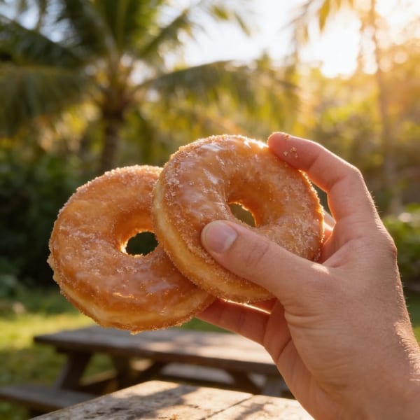 Hand holding two glazed Jupiter Donuts outdoors with palm trees and sunlight in the background.