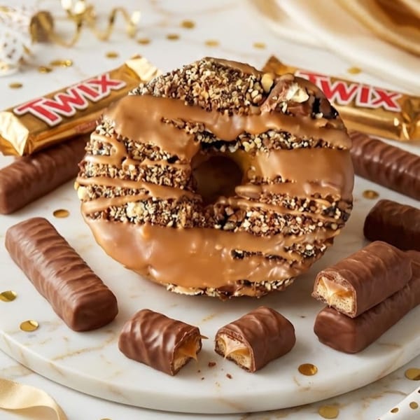 Jupiter Donuts' Twix-inspired donut, covered in caramel and nuts, surrounded by Twix candy bars.