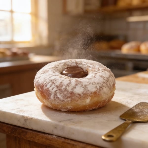 A Jupiter Donuts chocolate-filled donut, dusted with powdered sugar, on a marble counter with a spatula.
