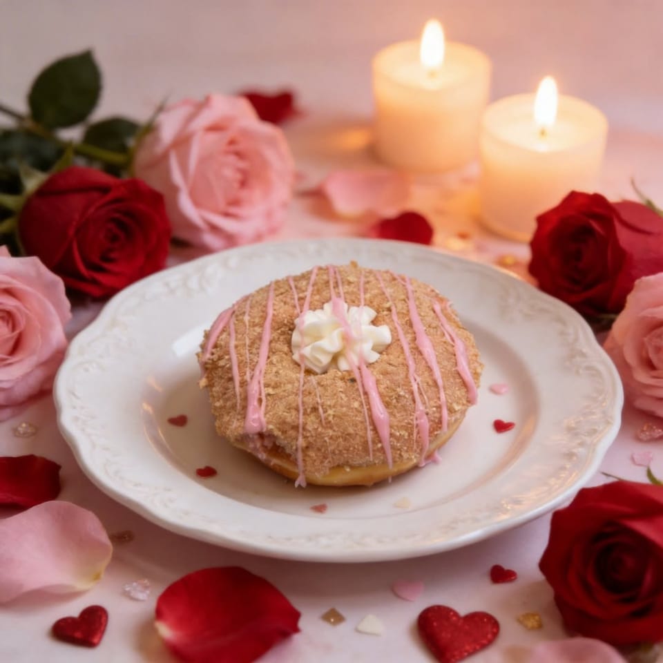 Jupiter Donuts' pink-drizzled donut with whipped cream, surrounded by roses, petals, and candles.