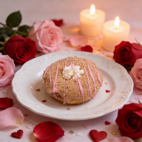 Jupiter Donuts' pink-drizzled donut with whipped cream, surrounded by roses, petals, and candles.