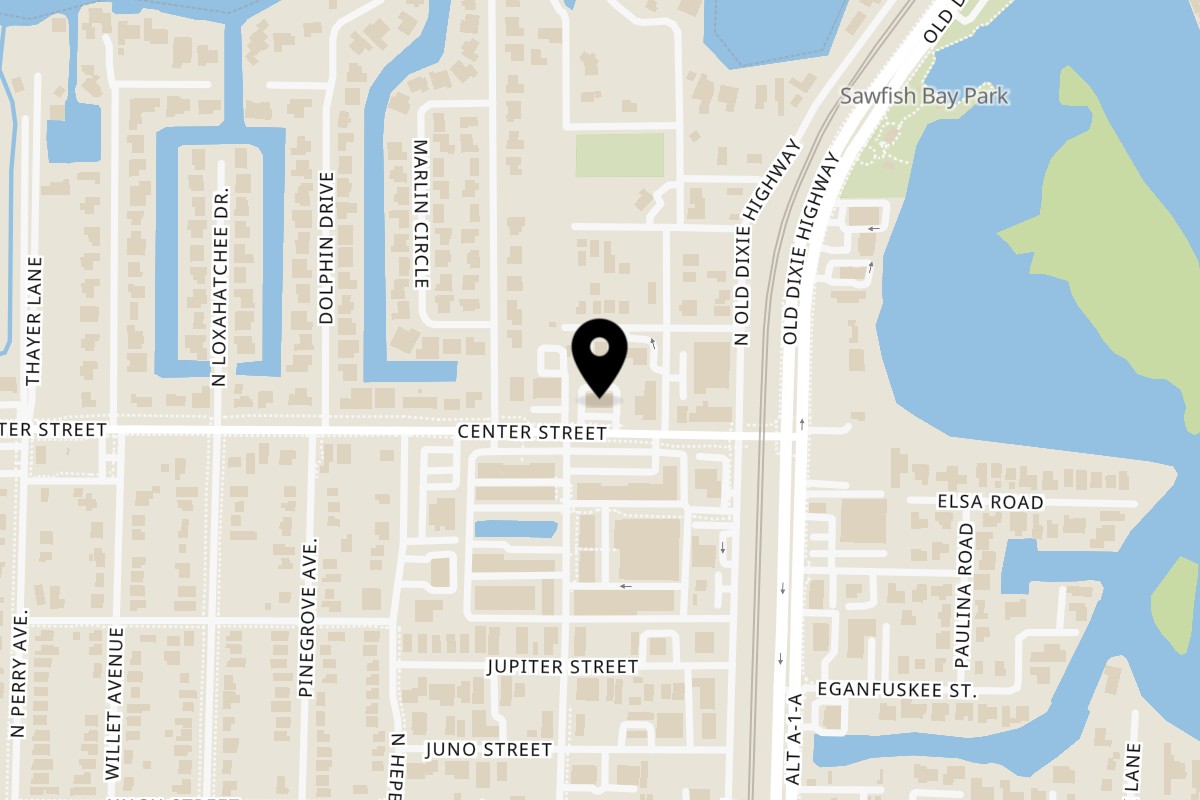 Map showing the location of Jupiter Donuts Jupiter on 141 Center St in Jupiter